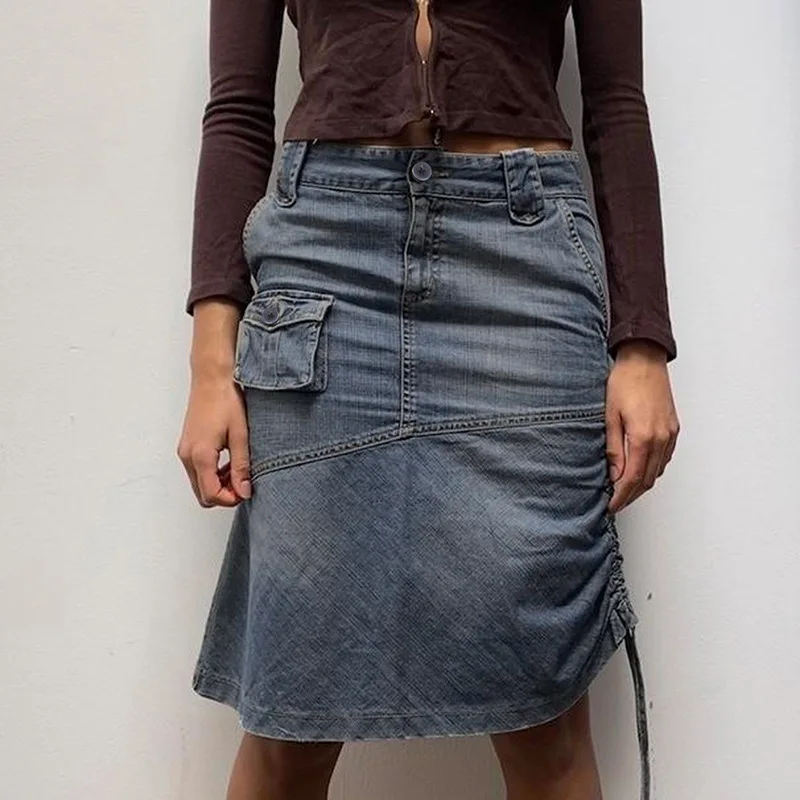 

vintage distressed blue pleated skirt women cargo pocket asymmetrically split denim skirt high waist mid calf jeans cowboy