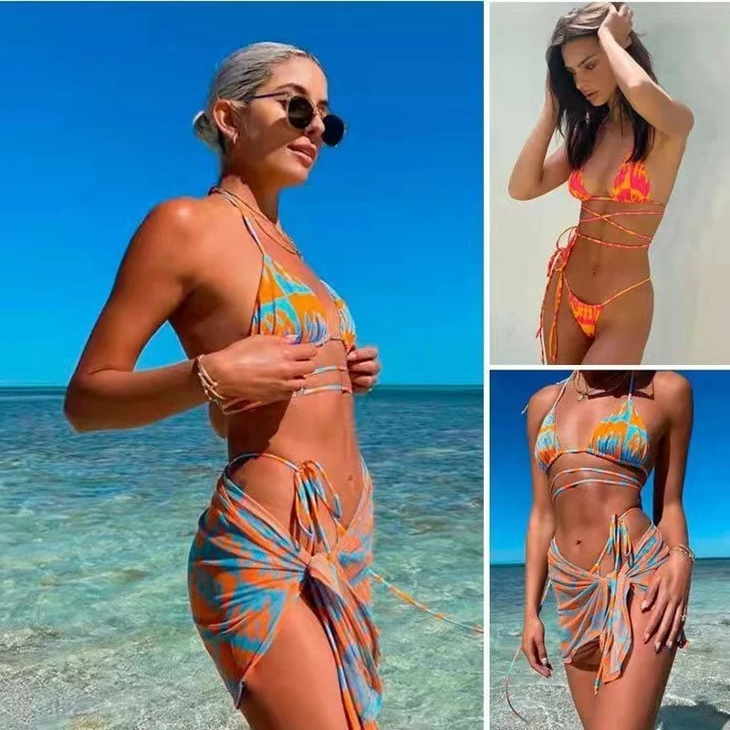 

2022 New Sexy Backless Summer Bikini Printed Swimsuit Mesh 3 Pieces Set Bathing Suit Women Sexy Bikini Swimming Suit for Women