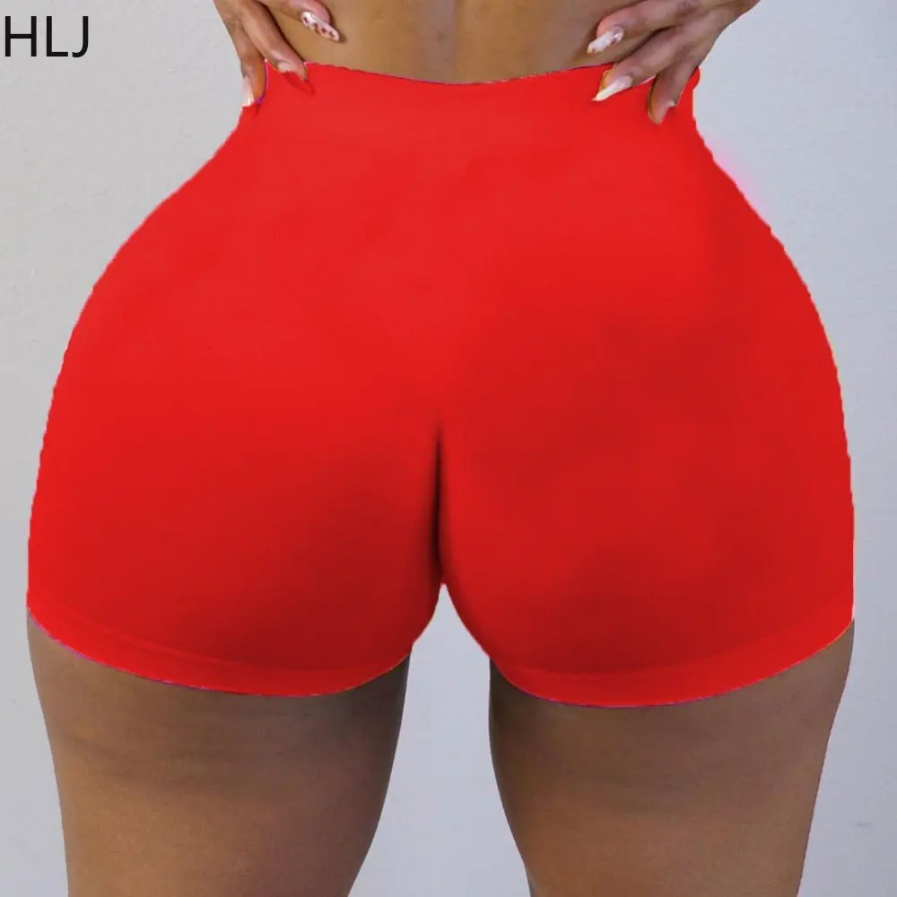 HLJ Casual Solid Color High Waisted Shorts Women Elastic Sporty Skinny Shorts Summer Female Matching Bottoms Biker Shorts 2023
