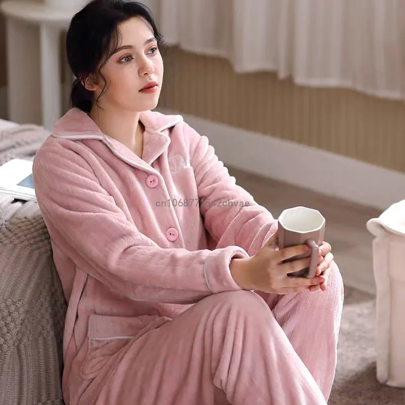 

High Quality Autumn Winter Flannel Pajama Set for Women Solid Color Fashion Thick Coral Fleece Two-piece Home Warm Suit XXXL
