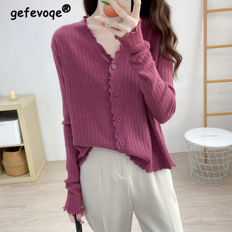 

Autumn Winter Female 2023 New Lazy Style Long Sleeve Knitted Tops Solid Color Thin Loose Fitting Cardigan Sweater Short Jacket