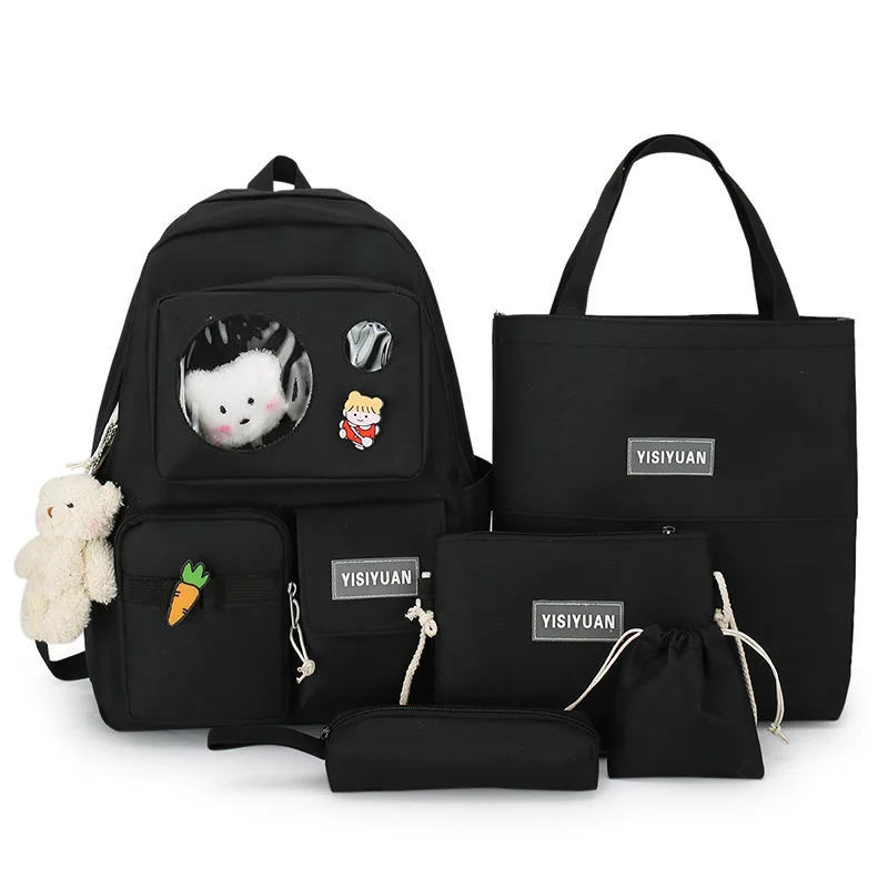 5Pcs Set Cute Bear Canvas Schoolbags for Teen Girls Female Children Tote Shoulder Bag Fashion Women Kawaii Backpack Bookbags | Багаж и