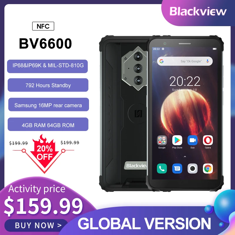 Смартфон Blackview BV6600 защищенный IP68 8580 мАч 4 + 64 ГБ 5 7 дюйма 16 МП Android 10 - купить по