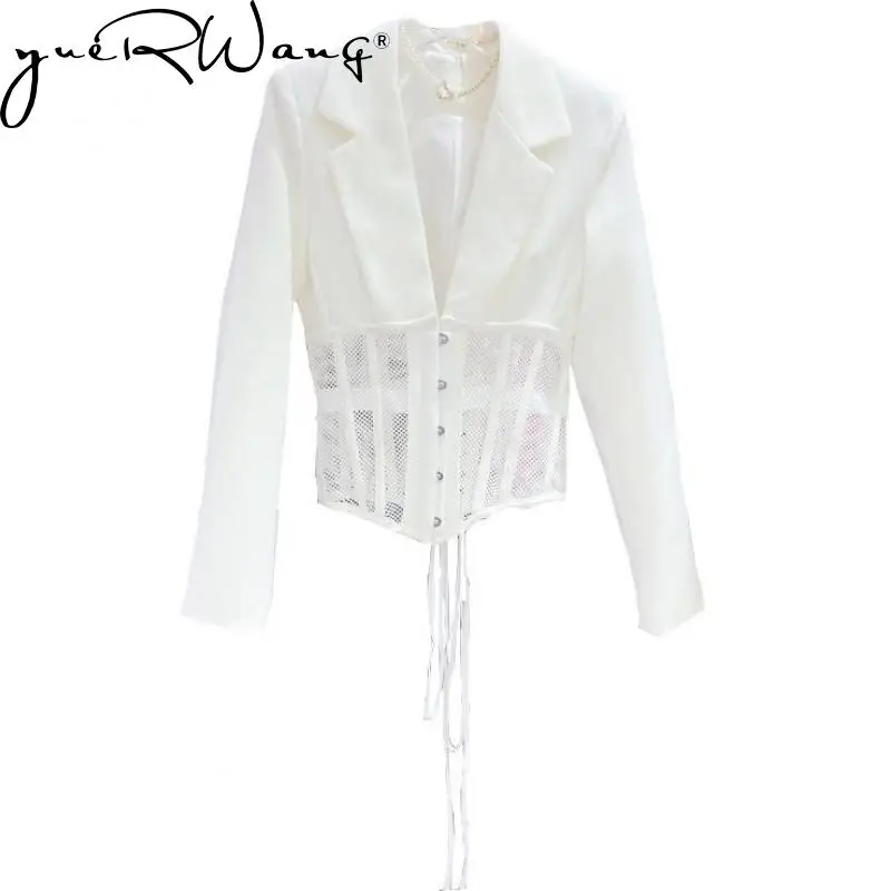 

GetSpring Women Blazer Gauze Mesh Hollowed Out Sexy Slim Suit Jacket Temperament Single Breasted Long Sleeve Ladies Suit Coat