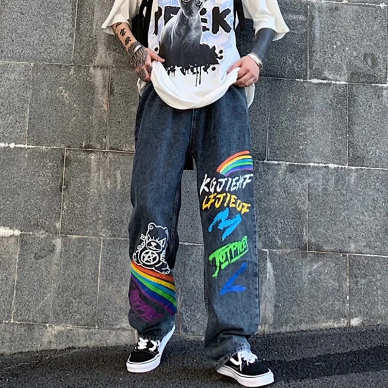 Graffiti Jeans Men's Brand Clothing Loose Straight Pants High Street Casual Trousers Fashion Men's Streetwear Roupas Masculinas