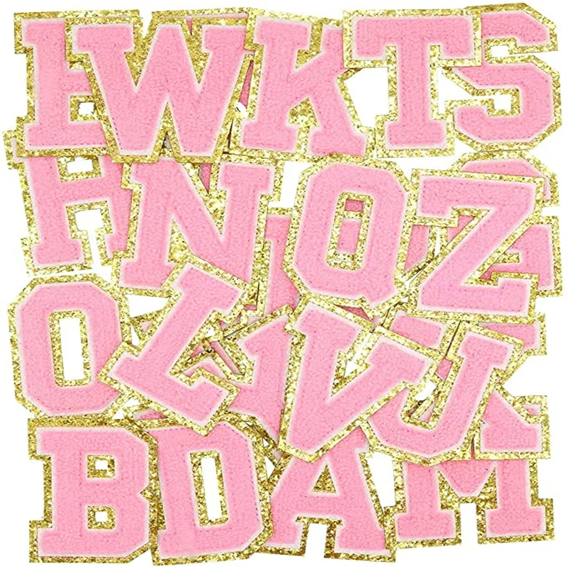 

Pink Varsity Chenille English Letter A-Z Iron On Repair Patches Alphabet Sewing Appliques Clothing Badges with Gold Glitters Bor