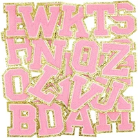 pink varsity chenille english letter a z iron on repair patches alphabet sewing appliques clothing badges with gold glitters bor
