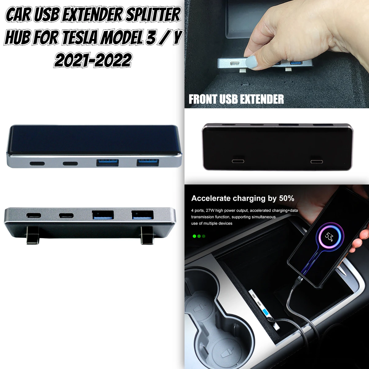 

For Tesla Model 3/Y 2021-2022 Car Accessories Rear USB Extender Center Console 4 Ports USB Splitter Hub Conversion Head Charger