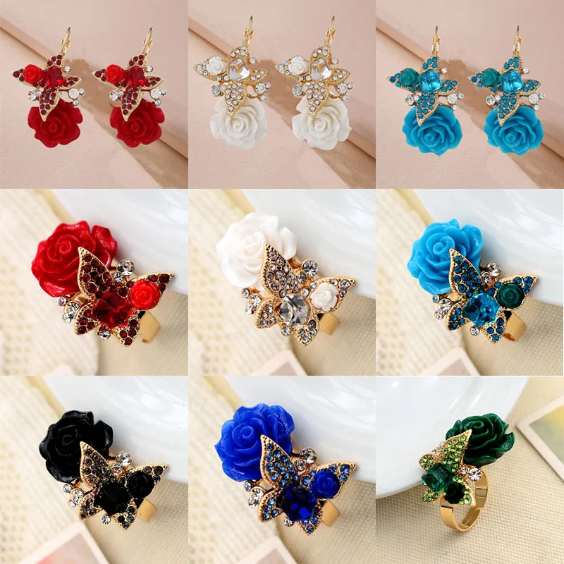 

Flower Retro Ethnic Style Resin Rose Earrings Female Butterfly High Quality 2-piece Set of Bridal Wedding Temperament Jewelry