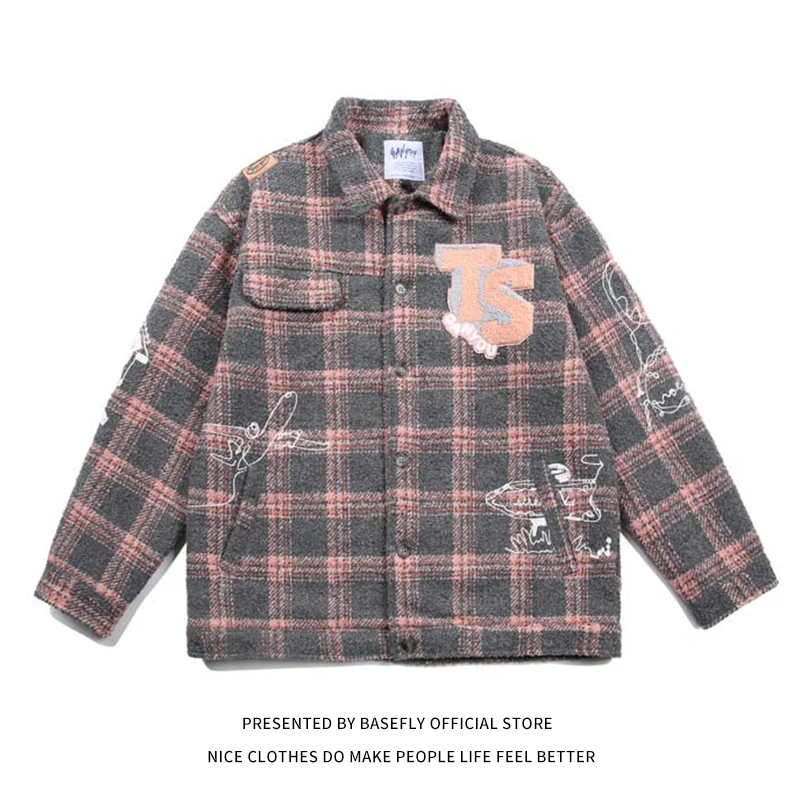 

New Arrival Plaid Retro Vintage Pink Green Men Women Shirts Unisex High Streetwear Casual Jacket Couple Furry Embroidery Autumn