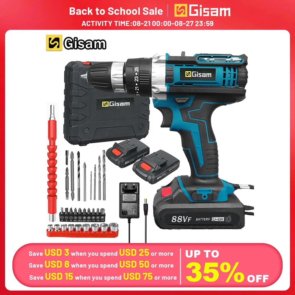 Gisam Cordless Impact Drill Electric Screwdriver Rechargeabl