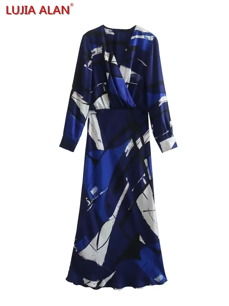 

Женское свободное платье-миди с V-образным вырезом и длинным рукавом