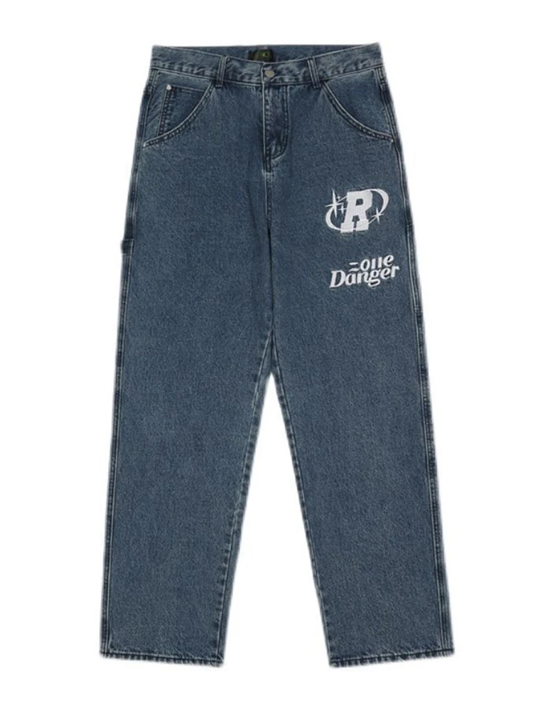 Men Pants Loose Jeans Street Clothing Retro Hip Hip Hip -hop Alphabet Embroidered Jeans Loose Straight Leg Pants Wide Leg Pants