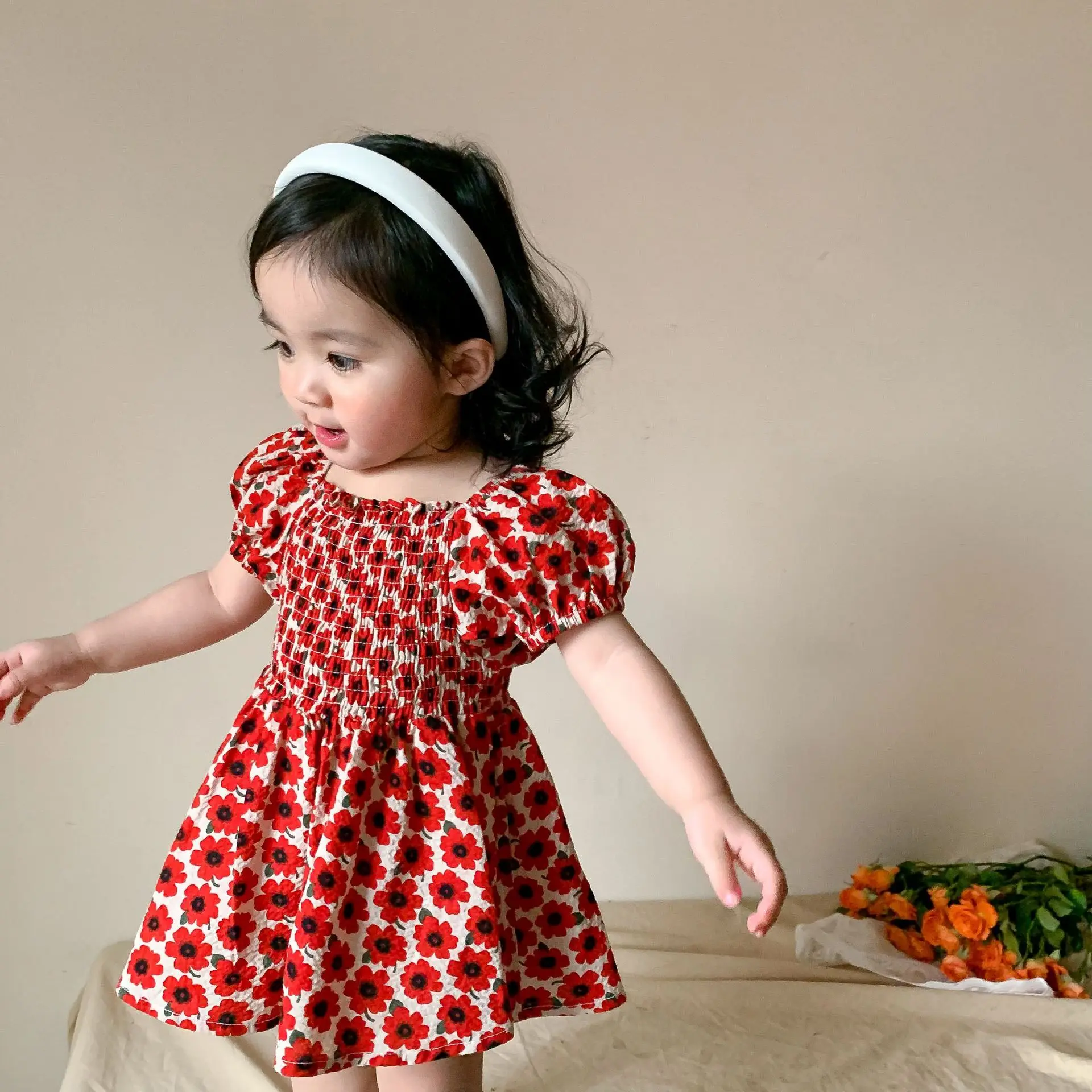 

Baby Girl Smocked Dress 2022 Summer Princess Vintage Kids Smock Clothes Toddler Girls Handmade Smocking Floral Flower Dresses