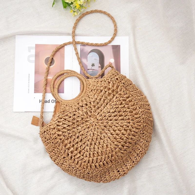 Casual Hollow Round Straw Handbags Paper Woven Women Shoulder Bags Handmade Summer Beach Crossbody Bag Small Bali Purses 2023