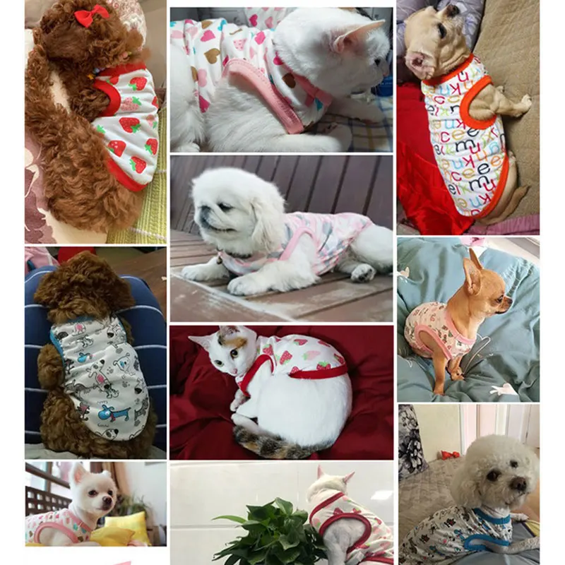 Недорогая летняя собачья футболка с принтом "мультяшки" для животных, изготовленная из хлопка, костюмы для кошек, для маленьких собак (чихуахуа, щенков) с возможностью отправки товара напрямую покупателю.