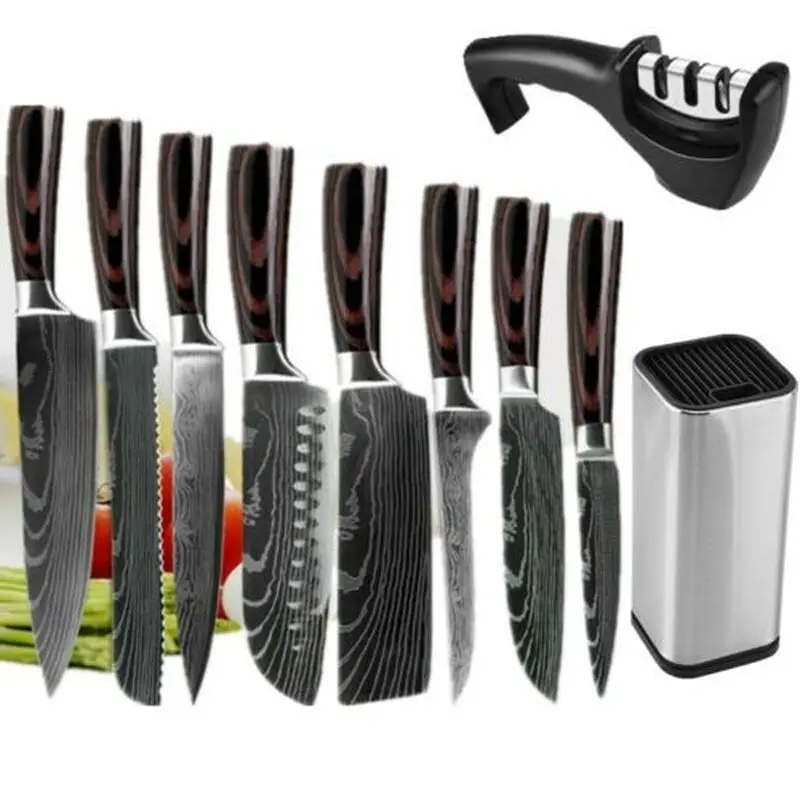 

10 piece/set Kitchen Knife Set Japanese Damascus Pattern Chef's Knife with Accessory Knife Holder Knife Sharpener Dropshipping