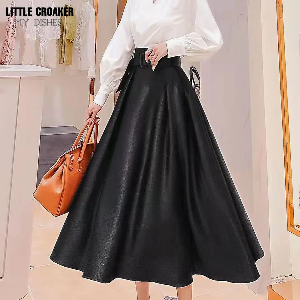 

Autumn Winter 2022 New Faux Leather Mi-long Skirt with Belted High Waist Vintage Mid-calf Chic Umbrella A-Line Skirts Clothes