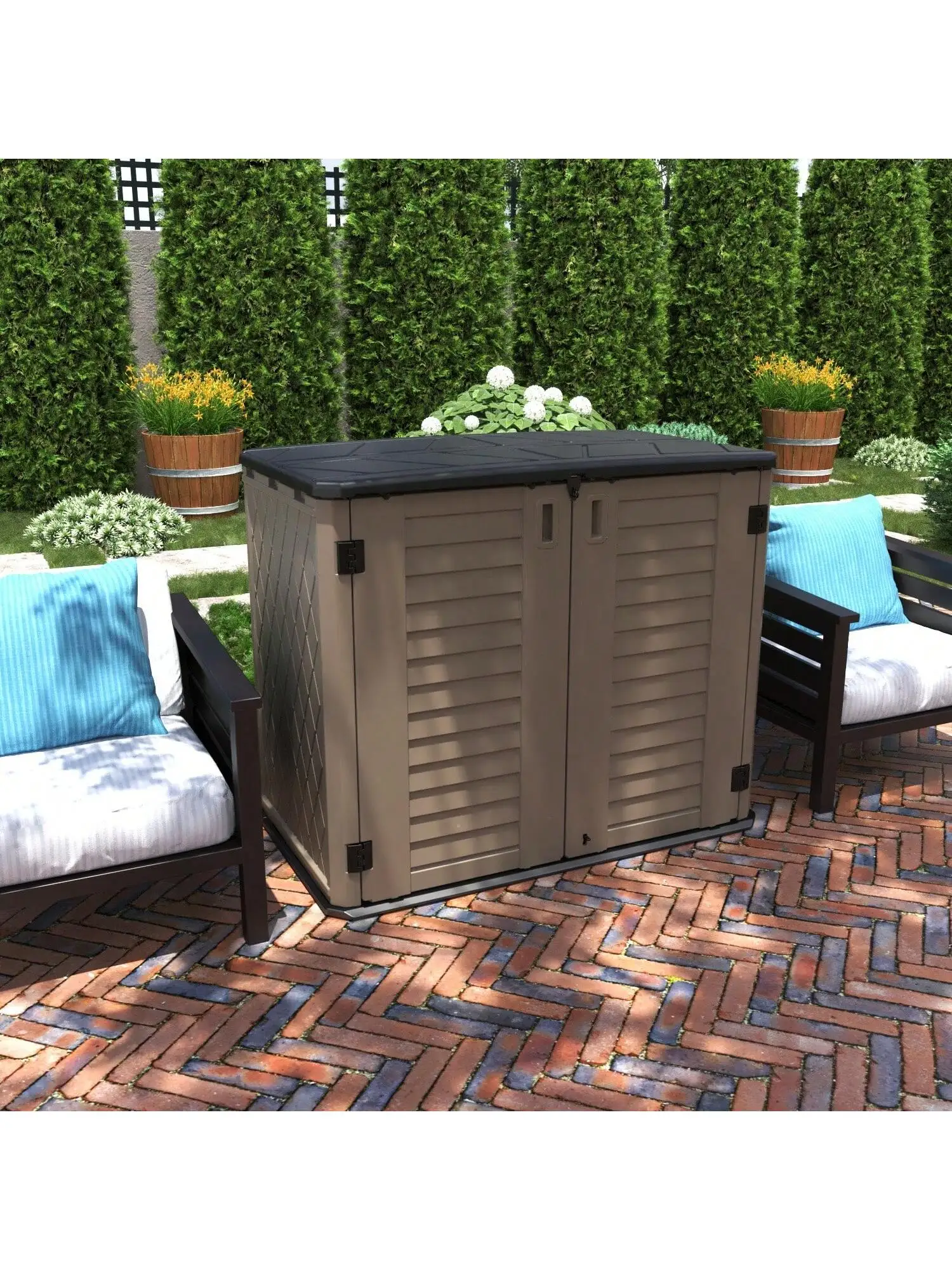 

Навес для хранения на открытом воздухе, горизонтальный водонепроницаемый ящик для хранения, многооткрывающаяся дверь для удобного хранения мусорных банок, инструментов, газонокосилок