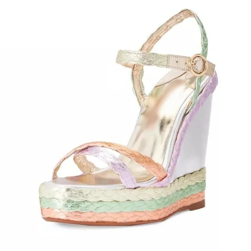 

Colorful Braid Espadrille Wedge Sandal Metallic Leather Ankle Strap Weave Platform Open Toe Wedged Heels Banquet Shoes