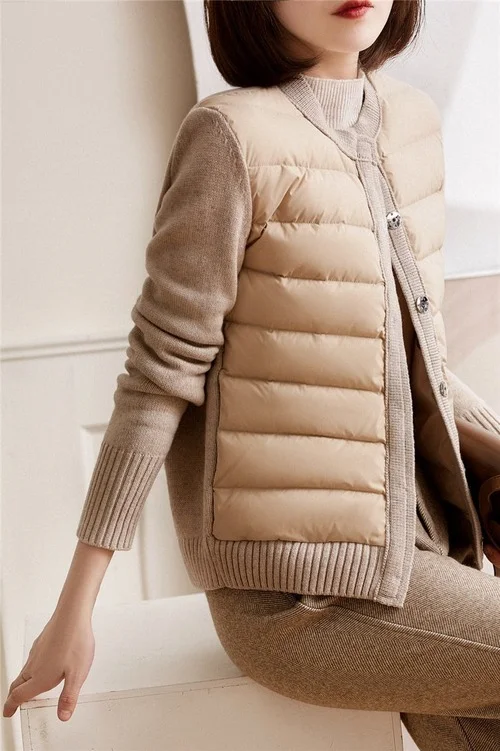 2023 Women Autumn Winter Jacket Patchwork Knitted Cotton Padded Coat Parka Womens Jackets