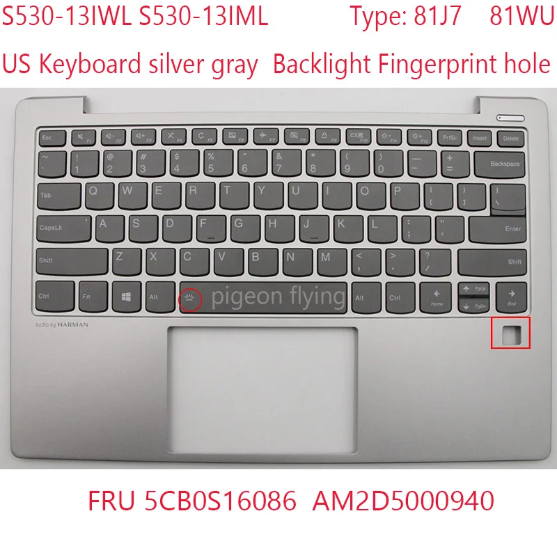 

S530-13 Keyboard 5CB0S16086 AM2D5000940 For Ideapad S530-13IWL S530-13IML Laptop 81J7 81WU US Keyboard silver gray Backlight