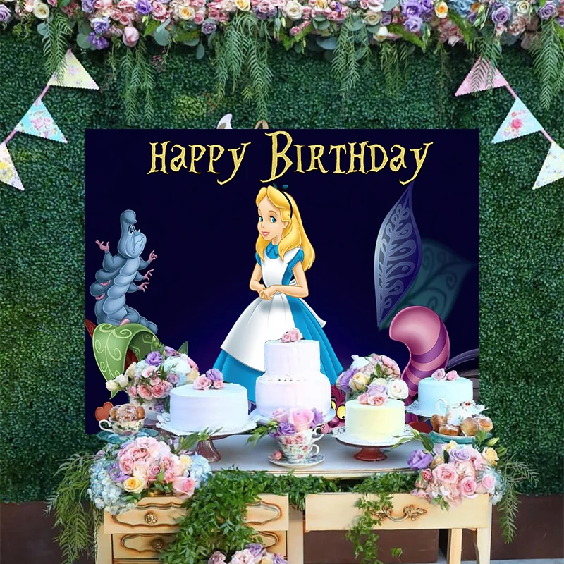 

Disney Mad Hatter Custom Magic Girls Princess Alice In Wonder Backdrop Painting Baby Happy Birthday Party Backgrounds Banner