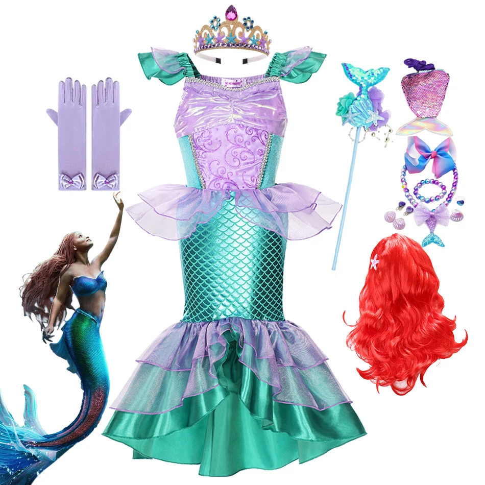 

2023 New Girls Little Mermaid Ariel Princess Dress Disney Vestidos Halloween Cosplay Kids Fancy Children Carnival Party Clothes