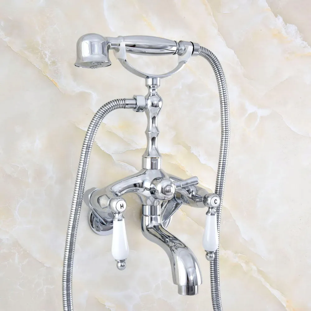 

Polished Chrome Brass 3-3/8" Tub Mount Clawfoot Tub Faucet Mixer Tap With Hose & Spray Wall Mounted Dual Ceramic Handles mqg403