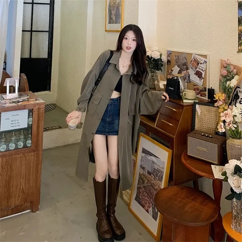 Женский свободный тренчкот средней длины Однотонная рубашка с рукавом летучая