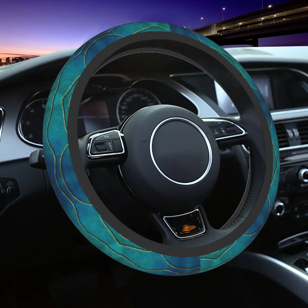 

Luxurious Deep Bluish Green Golden Strings Gemstone Steering Wheel Cover Marble Abstract Steering Wheel Protector Accessories