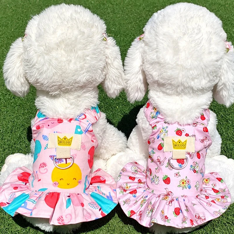 

Spring Summer Pet Small Fresh Lady Dress With Suspender Floral Dog Dress With Pull Ring Cotton Sling Pet Clothes Cat Skirt