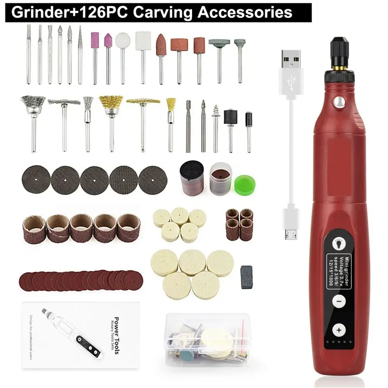 USB Rechargeable Electric Drill Mini Multifunction Electric Grinder 5 Gears with Light Polishing Machine Practical Abrasive Set