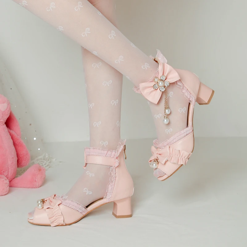 

2023 Summer Sweet Style Lolita Sandals Female Lace CRYSTAL Flower Pearls Bowties Med Heels Wedding Shoes for Women Free Shipping