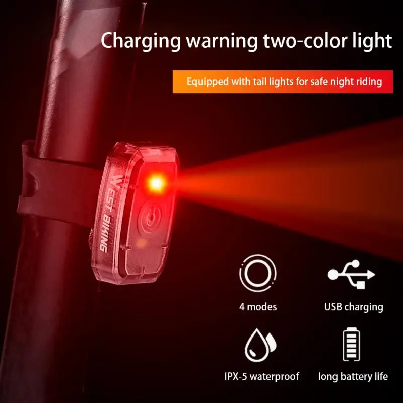 

Велосипедный задний фонарь, 4 режима освещения, влагозащита IPX5, зарядка через USB, велосипедные аксессуары, двухцветный