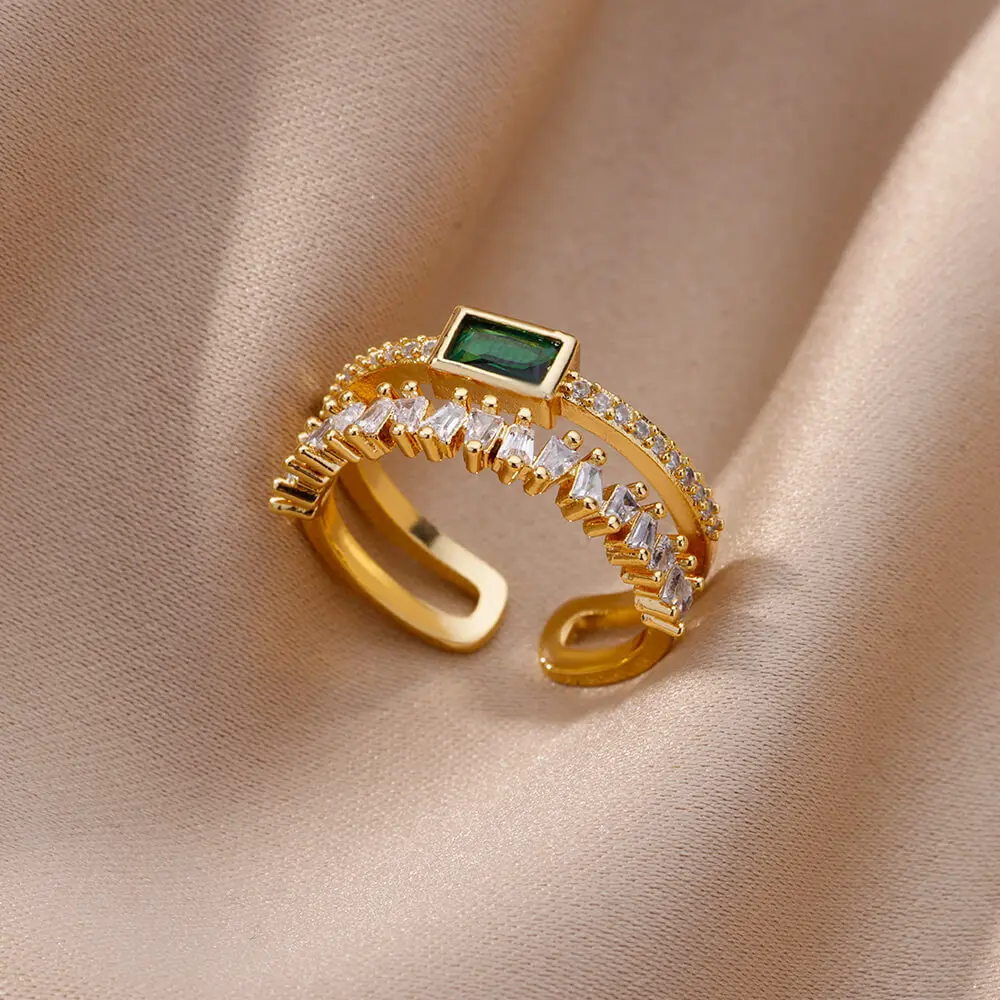 

Double Zircon Rings For Women Open Stainless Steel Green Crystal Finger Ring Luxury Designer Jewelry Boho Jewelry Valentines Day