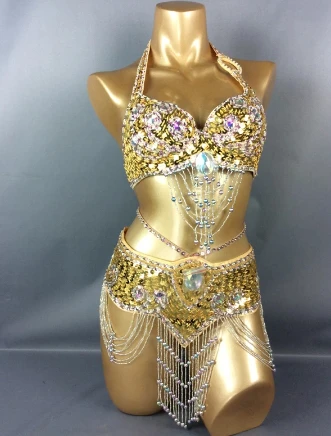 

2023 women Women Beaded Sequins Belly Dancing Suite Belt+Bra Samba Costumes adult dance clothes