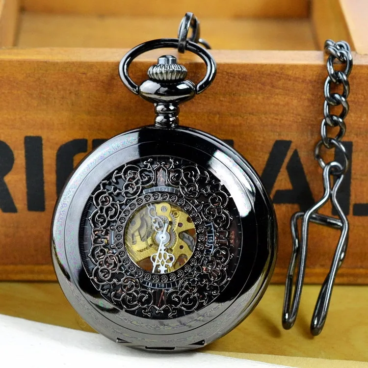 Luxury Mechanical Vintage Black Gold Flower Wave Pocket Watch for Men Women Skeleton Roman Numeral Dial Fob Chain Pendant Clock