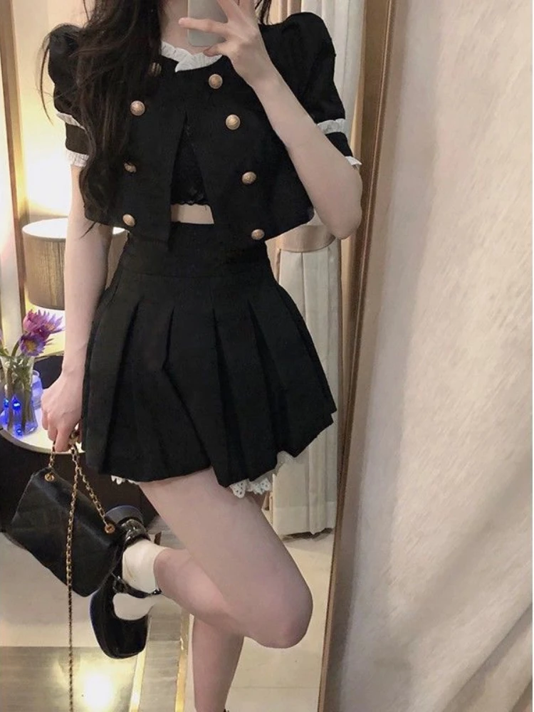 

Black Gothic 2 Piece Dress Set Women Lace Elegant Crop Tops + Mini Skrits 2023 Summer Y2k Mini Dress Korean Fashion Suits Chic