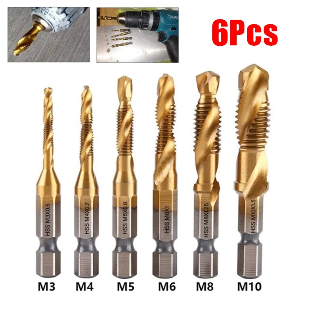 6pcs Titanium Plated Hexs Shank HSS Screws Thread Metric Taps Drill Compound Tap Bits M3 M4 M5 M6 M8 M10 Hand Tools