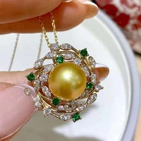 NXMZH S925 Silver Pearl Pendant for Women 10-13mm South Sea Golden Pearl with Cubic Zirconia Handmade Jewelry Gift for Her A415
