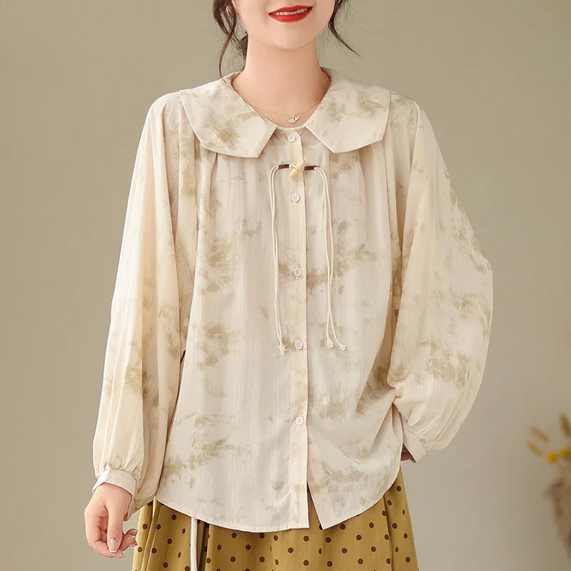 

New Summer Fashion Woman Blouse 2023 Printed Doll Collar Lantern Sleeve Casual Buttons Shirts and Blouses for Women
