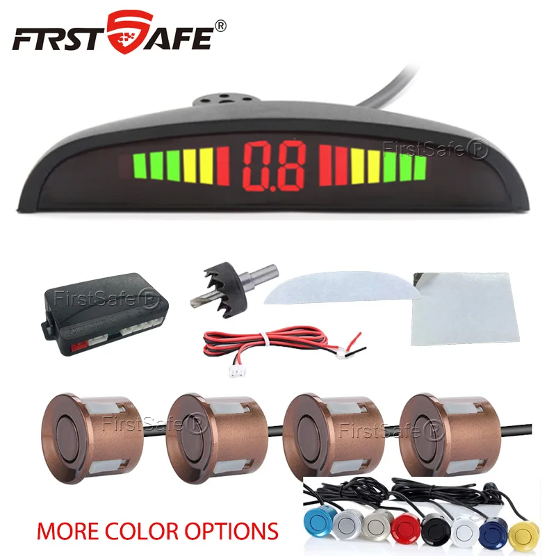 

FirstSafe Factory Автомобильный светодиодный датчик парковки, 4 датчика, 22 мм, подсветка дисплея, комплект обратного радара, система монитора 12 В, 13 цветов
