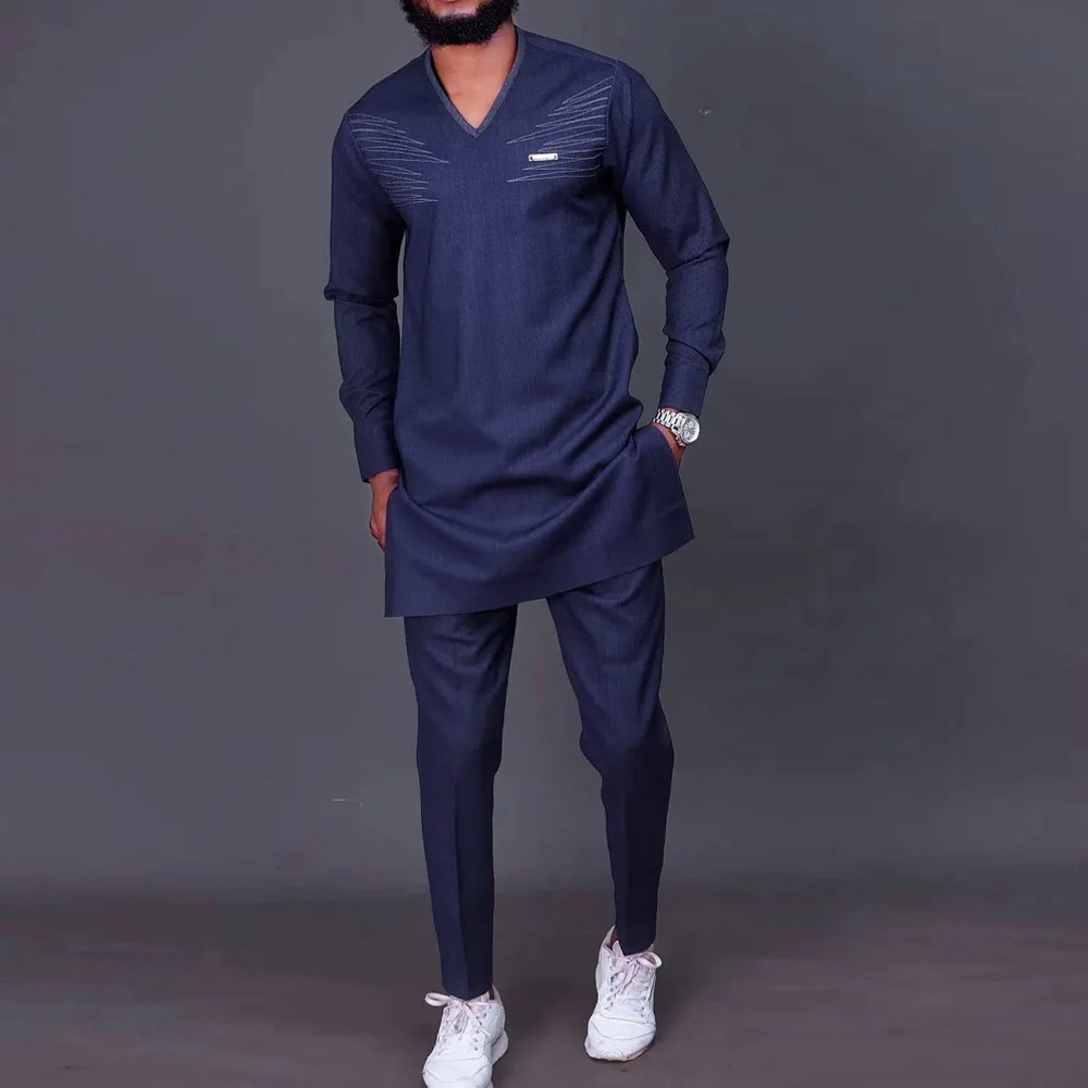 Muslim Fashion African Ethnic Style Men's Suit Solid Color Cotton Linen Embroidery Top and Pants 2 Piece European Clothing 2022