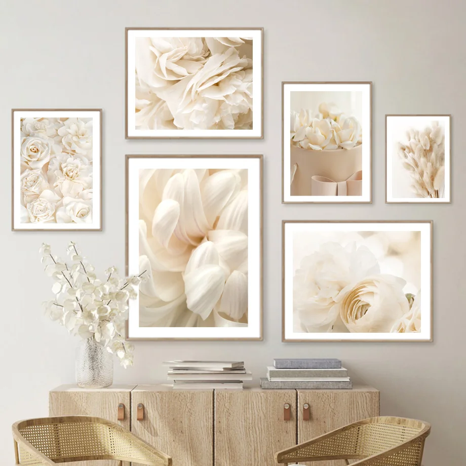 

French Flower Beige Garden Rose Peony Dried Grass Wall Art Canvas Painting Nordic Posters Prints Pictures For Living Room Decor