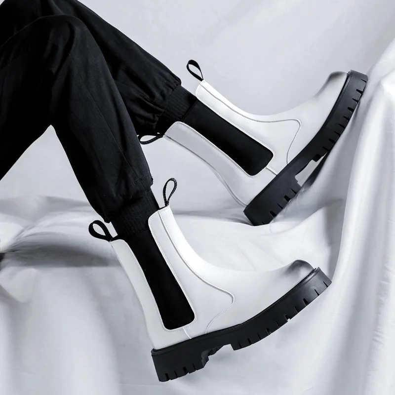 

men leisure stage nightclub chelsea boots black white autumn winter shoes genuine leather platform boot high motorcycle botas