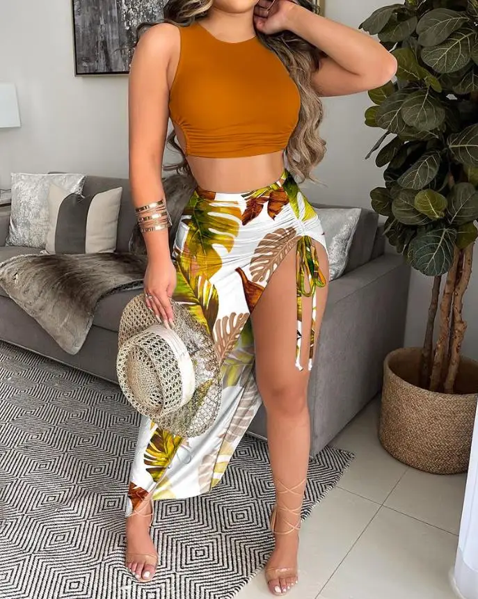 

Women's Suit Solid Tank Top & Drawstring Ruched Slit Thigh Tropical Skirt Set Round Neck Sleeveless Daily Vacation Skrit Sets