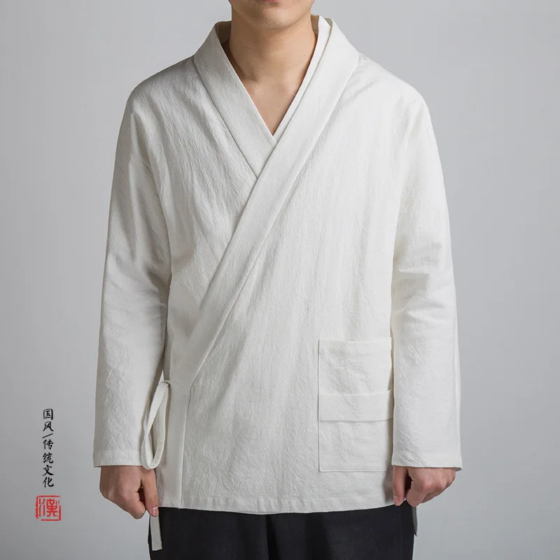 Chinese Loosekimono Cardigan Hanfu Retro Linen Men's Yukata Japanese Kimono Samurai Clothing Plus Size Solid Color Overcoat Robe