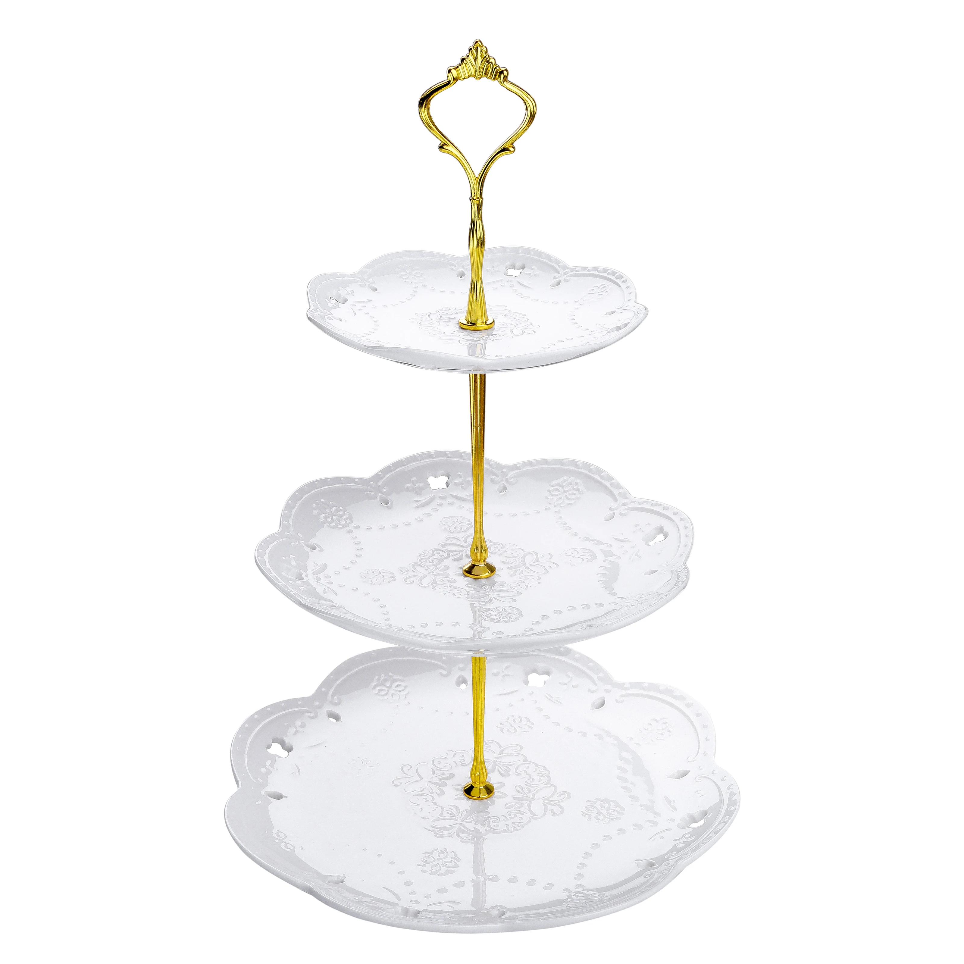 

MALACASA 3 Tier White Ceramic Cake Tower Stand, 14.5" Tall Porcelain Party Food Server Display Holder with Golden Carry Handle