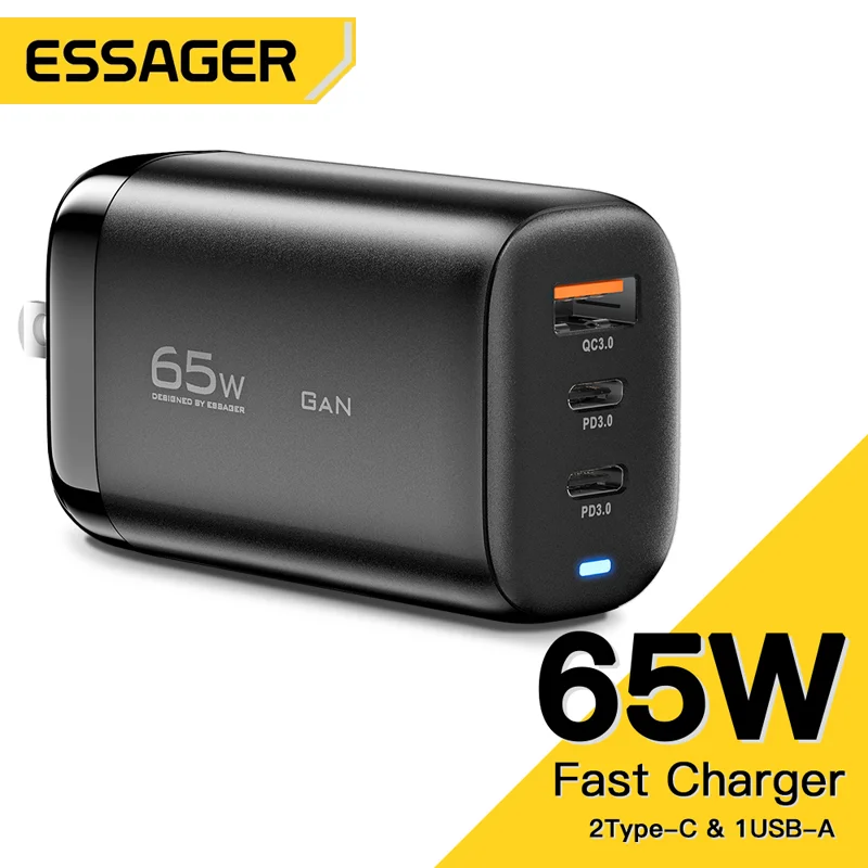 

Essager 65W GaN USB Charger Fast Charger PD QC 3.0 USB C Charger Quick Charger For IPhone 13 12 Laptop Portable Travel Charger